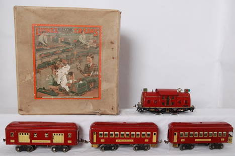 Lionel No. Special 2, Macy passenger set w/red 10 loco: Prewar Lionel standard gauge Macy Special passenger train in red and cream with nickel journals and painted plates. Trains look very nice clean and shiny C6 area. 10 center cab electric loco, 337 Pull