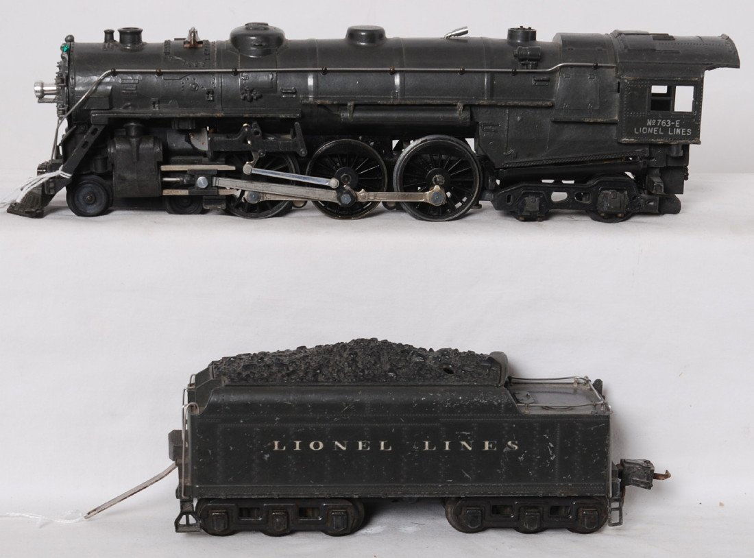 Lionel 763-E and 2226WX Hudson steam loco in GM gray: Prewar Lionel O gauge 763-E Hudson steam locomotive and tough 2226WX tender with whistle in gun metal gray, loco has some light casting fatigue hairlines around cab and repainted pilot, repainted boil