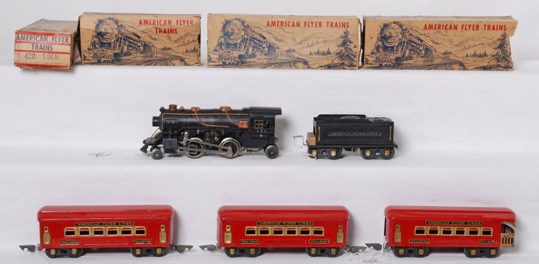 American Flyer O gauge steam passenger set 420...: Prewar American Flyer O gauge steam passenger train with some original boxes. 420 diecast steam loco and tinplate tender with two Pullman coaches, and an observation (missing coupler), red passenger c
