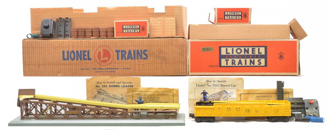 Lionel 362 Barrel Loader 3562-50 Barrel Car OBs: Lionel postwar 362 barrel loader with six no. 362-78 barrels in individual OB, two track clips, 364C controller and two connecting wires in OB that has original cardboard insert, C7. Also included is