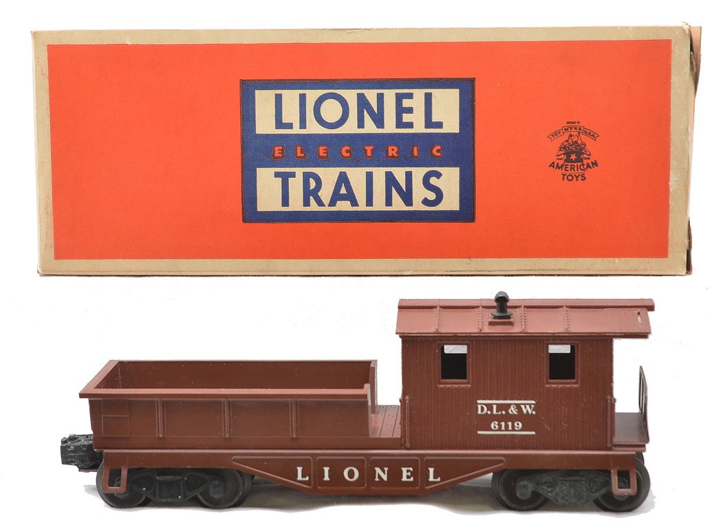 Lionel 6119-50 Brown DL&W Work Caboose MIB: Lionel postwar 6119-50 brown D.L.&W. work caboose in OB. Caboose has never been run, C9. Box is complete with all flaps.