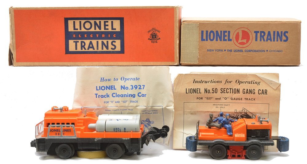 Lionel 50 Gang Car 3927 Track Cleaning Car OBs: Lionel postwar 50 gang car with offset horn and a 3927 track cleaning car both with instruction sheets in OBs. There is corrosion on the pickup roller and underneath the car on one end, otherwise car 