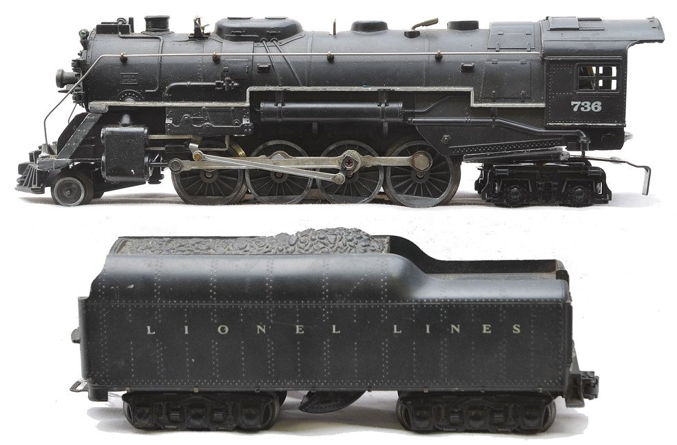 Lionel 736 Berkshire Steam Loco & 2671W Tender: Lionel postwar 736 black 2-8-4 Berkshire steam loco with a 2671W tender. The sides of the engine have been painted with a white stripe. Loco is C6. The tender is cracked and broken in the front and ba