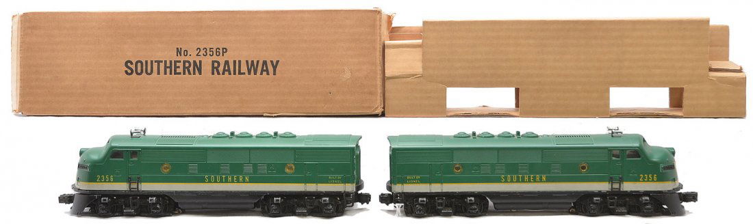 Lionel 2356 Southern Railway F3 AA Diesels: Lionel postwar 2356 Southern Railway F3 AA diesel units, C7. The power A unit is in an OB with original cardboard insert. The OB is clean and has all flaps attached.