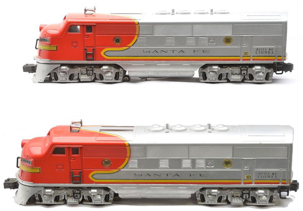Lionel Postwar 2343 Santa Fe F3 AA Diesels: Lionel postwar 2343 Santa Fe F3 AA diesel units. The decals have some crazing. The diesel units are C7.