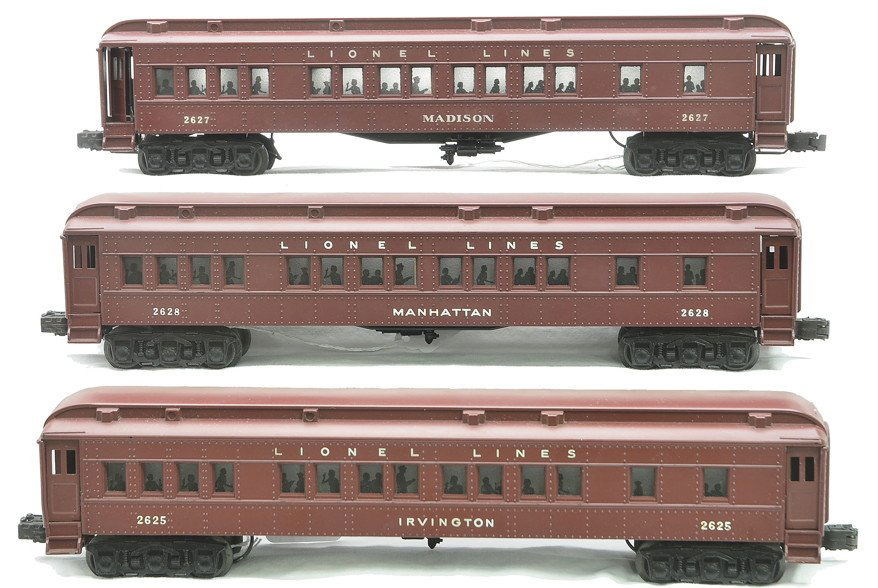 Lionel Pass Cars Circa 1950 2625 2627 2628: Lionel postwar passenger cars, circa 1950 version with silhouettes including; 2625 Irvington Pullman, 2627 Madison Pullman and 2628 Manhattan Pullman. These cars came in the 2148WX Hudson passenger se