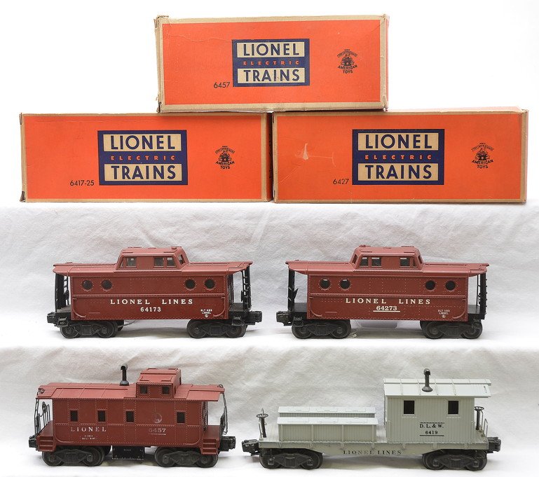 Lionel Cabooses 6417-25 6427 6457 OBs 6419: Lionel postwar 6417-25 porthole caboose, 6427 porthole caboose, 6457 caboose and a 6419 gray D.L.&W work caboose all in OBs except for the 6419. The cabooses are all C8 except for the 6457 which is C7