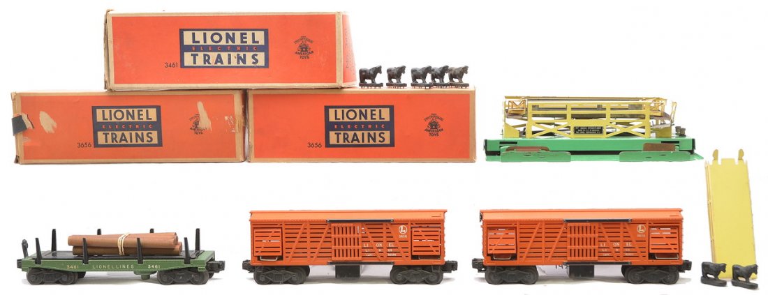 Lionel 3656 3656 Cattle Cars 3461 Log Car: Lionel postwar two orange 3656 operating cattle cars in OBs, one with a corral, ramp and seven cows. Also included is a 3461 operating log car with five wooden logs. The corral is C5, the cattle cars 