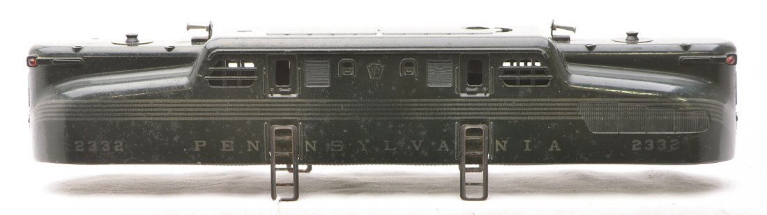 Lionel 2332 Pennsylvania GG1 Shell ONLY: Lionel postwar 2332 dark green Pennsylvania GG1 diesel shell only with silver striping and lettering. The one side is missing all of the striping and some of the lettering. The other side has all stri