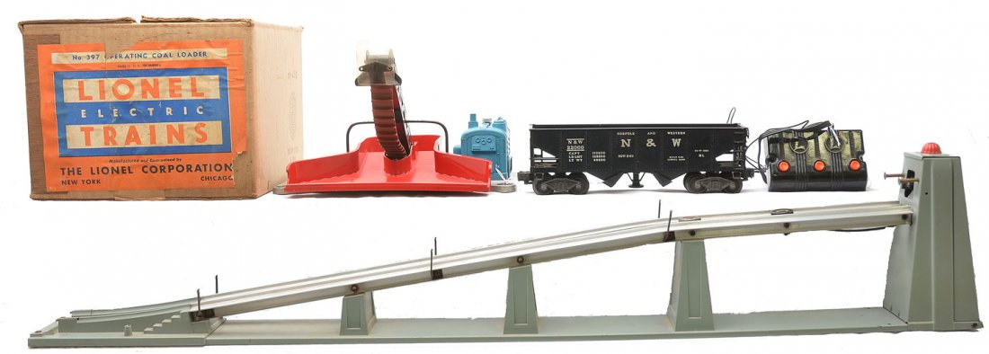 Lionel 456 Coal Ramp 397 Coal Loader OB: Lionel postwar 456 coal ramp missing the wire with a 456C controller and a 3456 black Norfolk & Western hopper. Also included is a 397 operating coal loader with a broken belt in OB. The coal ramp and