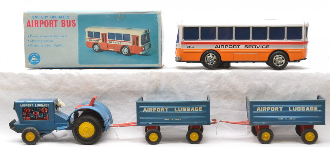 Japanese Airport Luggage Set Alps Airport Bus: Japanese tin friction airport luggage set, C6. Also included is an Alps Japanese battery operated airport bus in OB, C7.