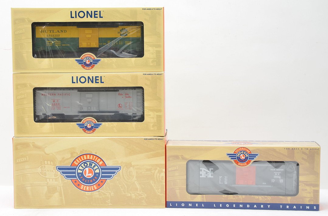 Lionel Celebration Series 39290 2-Pk 29293 MIB: Lionel Celebration Series 39290 6464 boxcar two pack consisting of a 39300 Western Pacific and a 39301 Rutland in individual OBs and master carton and a 29293 New Haven 6464-425 in OB. The cars are fa
