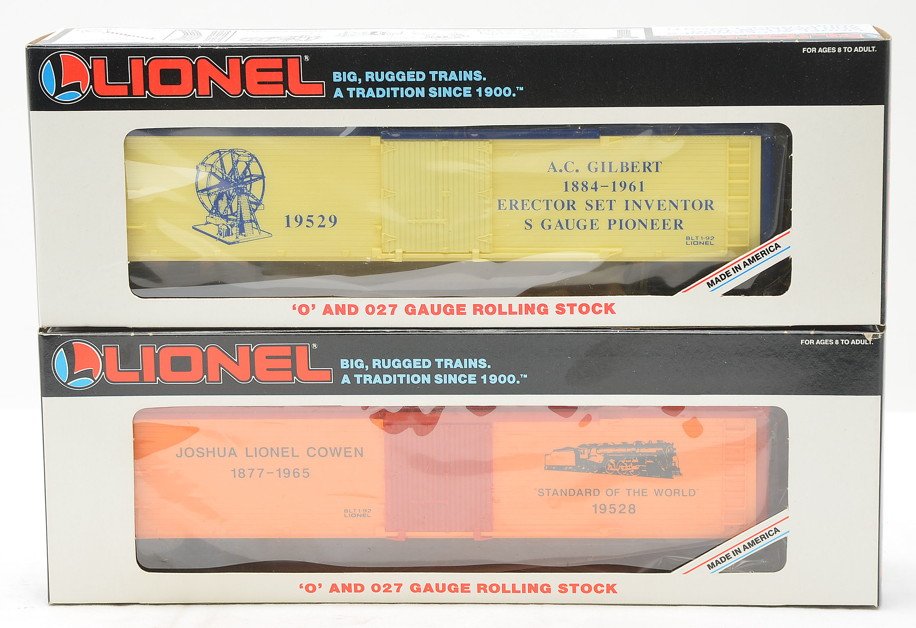 Lionel 19528 Joshua Cowen 19529 AC Gilbert MIB: Lionel 19528 Joshua L. Cowen reefer and a 19529 A.C. Gilbert reefer both factory new in OBs.
