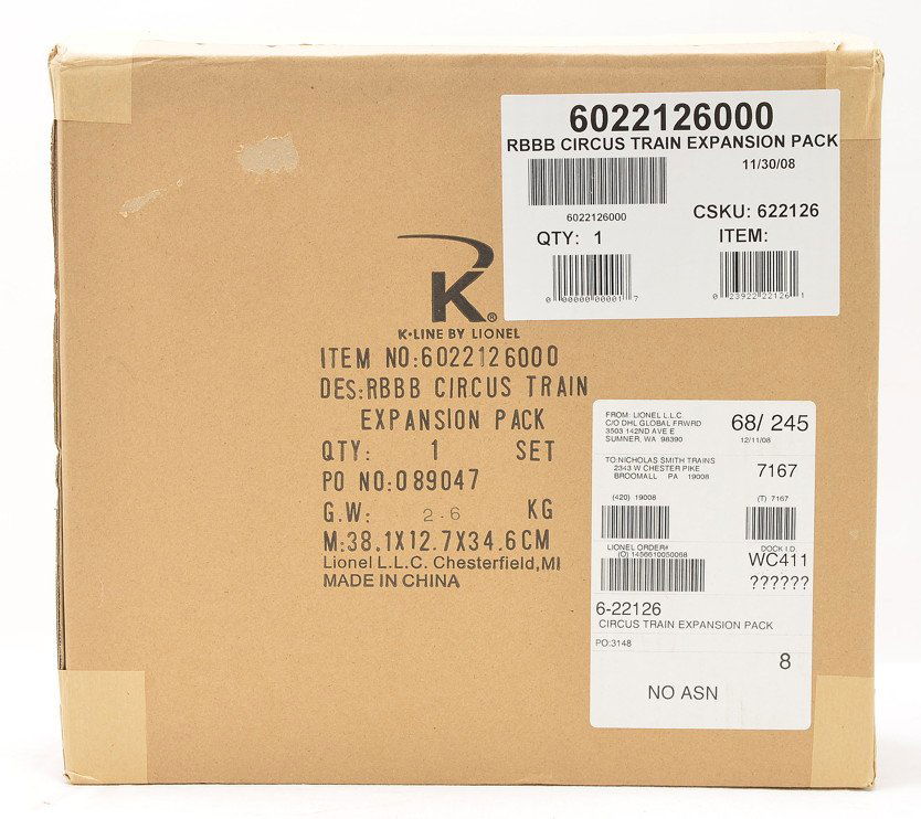 K-Line by Lionel 22126 Ringling Circus Expansion: K-Line by Lionel 22126 Ringling Bros. and Barnum & Bailey Circus Train expansion kit factory sealed in shipping carton, C10.