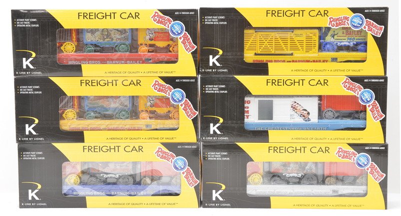 K-Line Lionel 22240 22507 22502 22656 22654 22498: K-Line by Lionel Ringling Bros. Circus freight cars including; 22240 combo flatcar with stock car and wagon, 22507 combo flatcar with boxcar and ticket wagon, 22502 flatcar no. 56 with three Circus wa