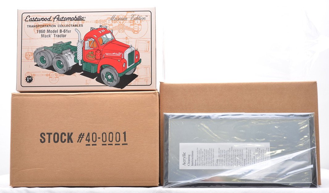 First Gear 40-0001 Eastwood Auto Mack Truck MIB: First Gear 40-0001 Eastwood Automobilia Transportation Collectables 190 Mack Model B-61st Mack Track Museum Edition with a display case both in individual OBs and outer shipping cartons, C10.