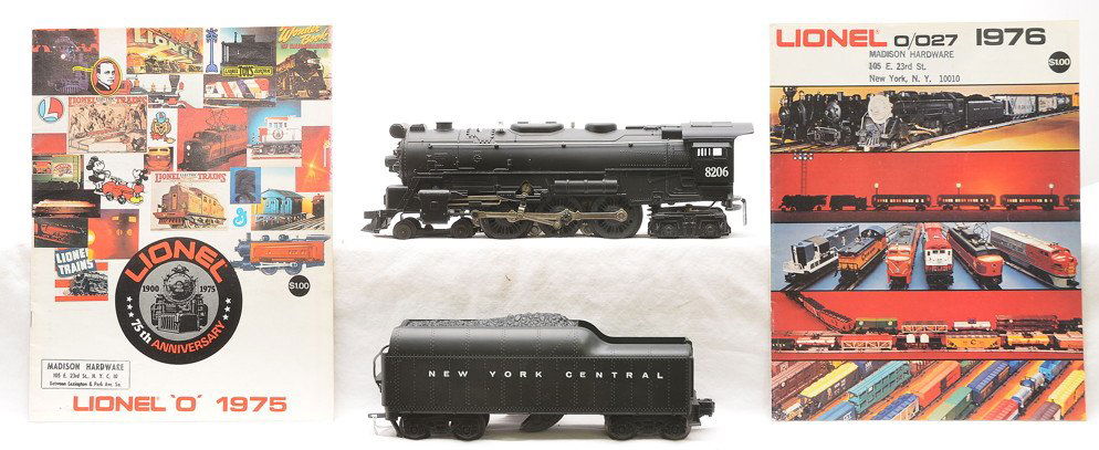 Lionel 8026 NYC Loco Catalogs 1975-76: Lionel 8206 black 4-6-4 steam loco with a New York Central tender, C8. Also included are original catalogs from 1975 and 1976.