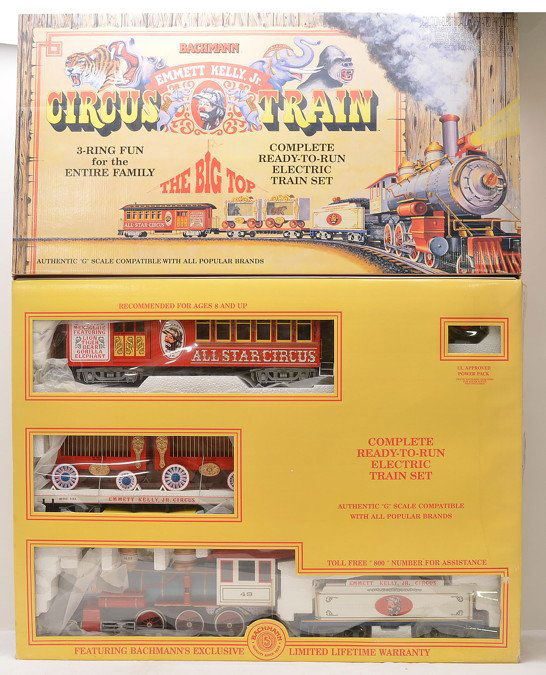 Bachmann 90021 Emmett Kelly Jr. Circus Train: Bachmann G gauge 90021 Emmett Kelly, Jr. Circus train set in OB. Set is missing track. The set is C9. The box shows some wear.
