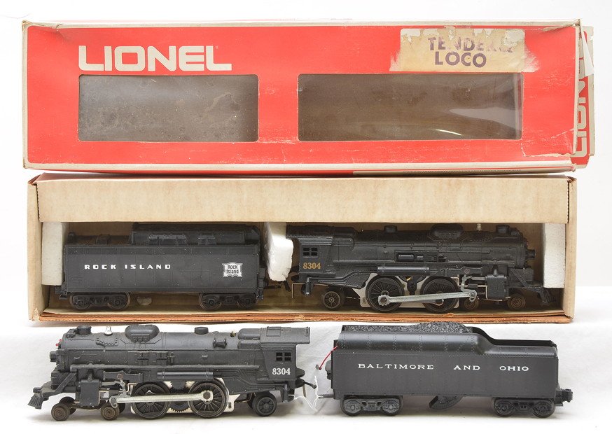 Lionel 8304 B&O 8304 RI Locos w/Tenders: Lionel 8304 black 4-4-2 steam loco with a Baltimore and Ohio tender and a 8304 black 4-4-2 steam loco with a Rock Island tender in a damaged and brittle OB, C7.