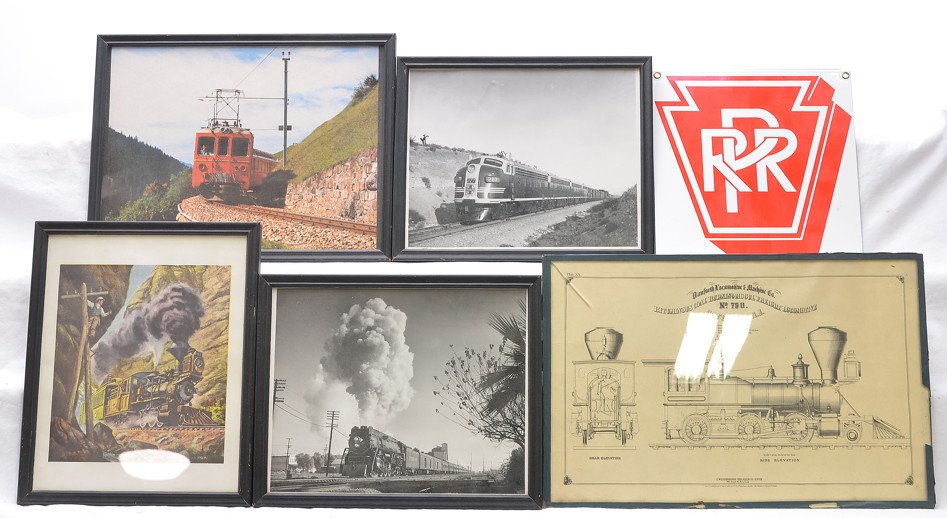 Selection of Framed RR Pictures PRR Ad Sign: Selection of framed Railroad pictures and prints. Also included is an Ande Rooneys PRR enameled porcelain advertising sign. Please view photo to verify selection and condition of items.