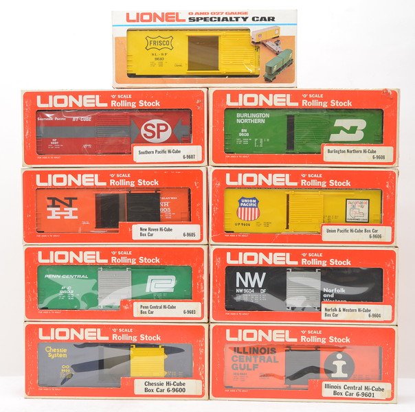 Lionel 9600 9601 9603-9608 9610 LN OBs: Lionel hi-cube boxes including; 9600 Chessie, 9601 Illinois Central, 9603 Penn Central, 9604 Norfolk & Western, 9605 New Haven, 9606 Union Pacific, 9607 Southern Pacific, 9608 Burlington Northern and 