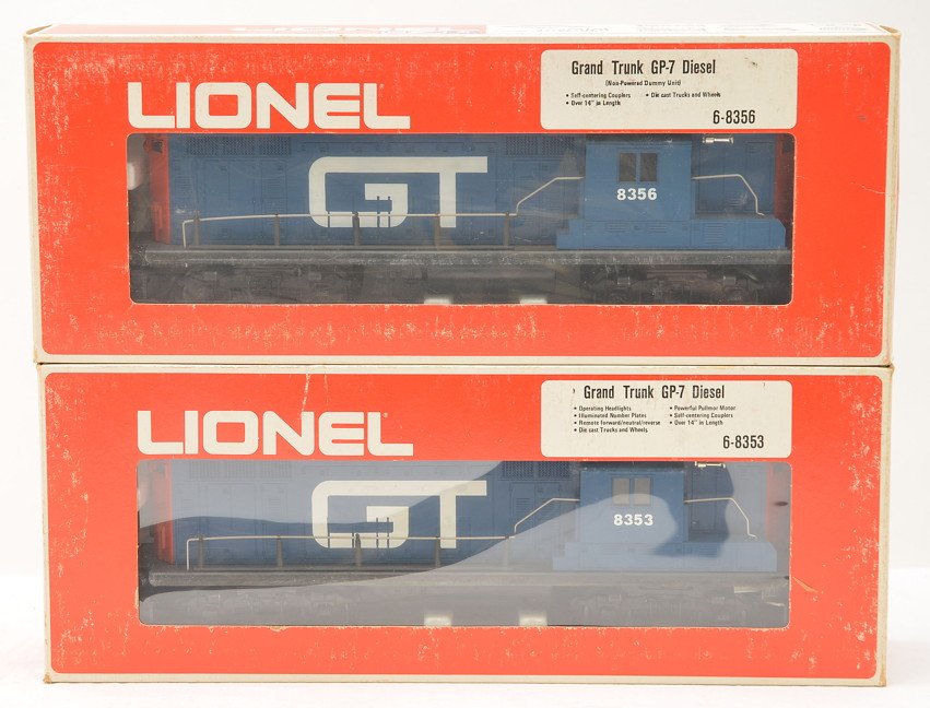 Lionel Grand Trunk 8353 8356 GP-7 Diesel Units: Lionel Grand Trunk 8353 GP-7 power diesel unit and a 8356 GP-7 non-powered dummy unit both in OBs.