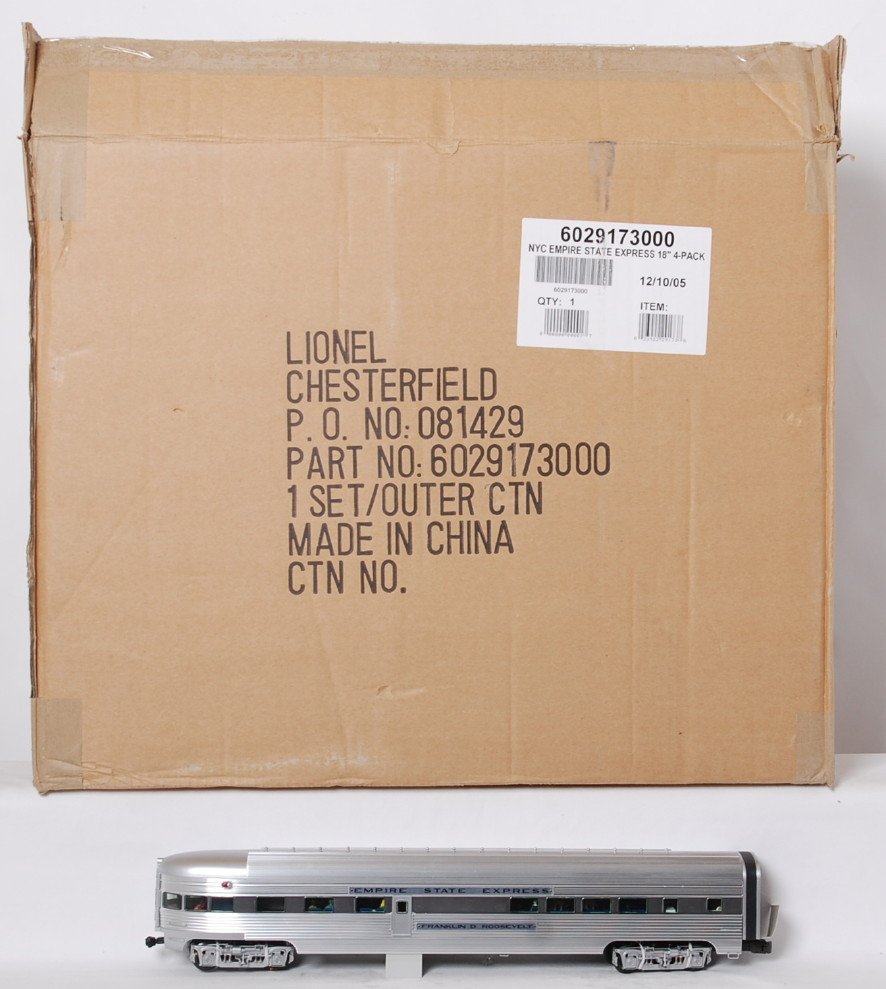 Lionel NYC Empire state passenger cars: Lionel modern O gauge New York Central Empire State Express passenger cars in OBs. Includes 29173 four pack. Cars are C8 with very light run time. Set box has some dents in one edge and some very ligh