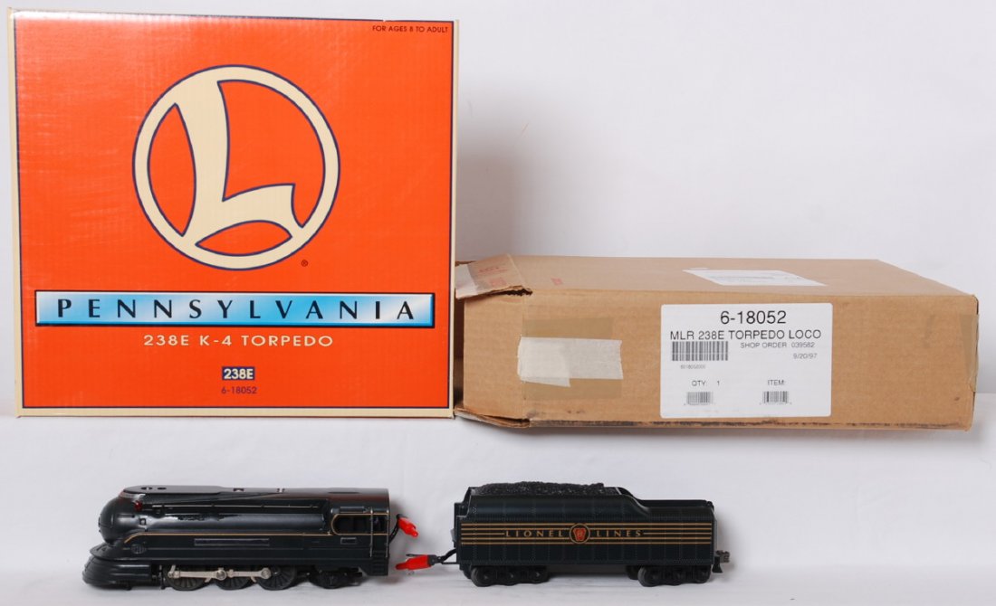 Lionel 18052 238E Torpedo: Lionel modern O gauge 18052 Pennsylvania 238E K-4 torpedo steam locomotive in OB. Loco features TMCC, Railsounds, Electrocoupler, smoke unit and much more. Locos are C8 with run time.