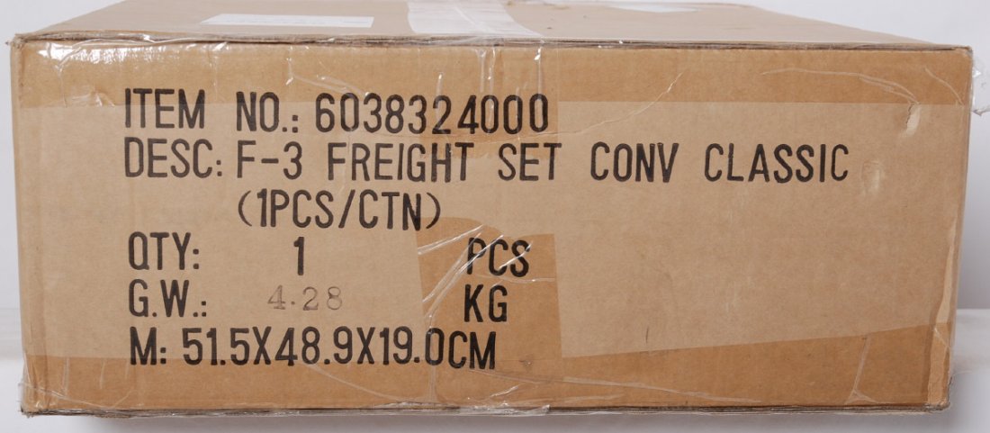 Lionel 38324 New Haven F3 Freight Set 2507W: Lionel modern O gauge Conventional Classics 38324 New Haven F3 freight set no. 2507W in OB. Set is factory sealed in the master carton C10. Master carton has some corner wear and small rips.