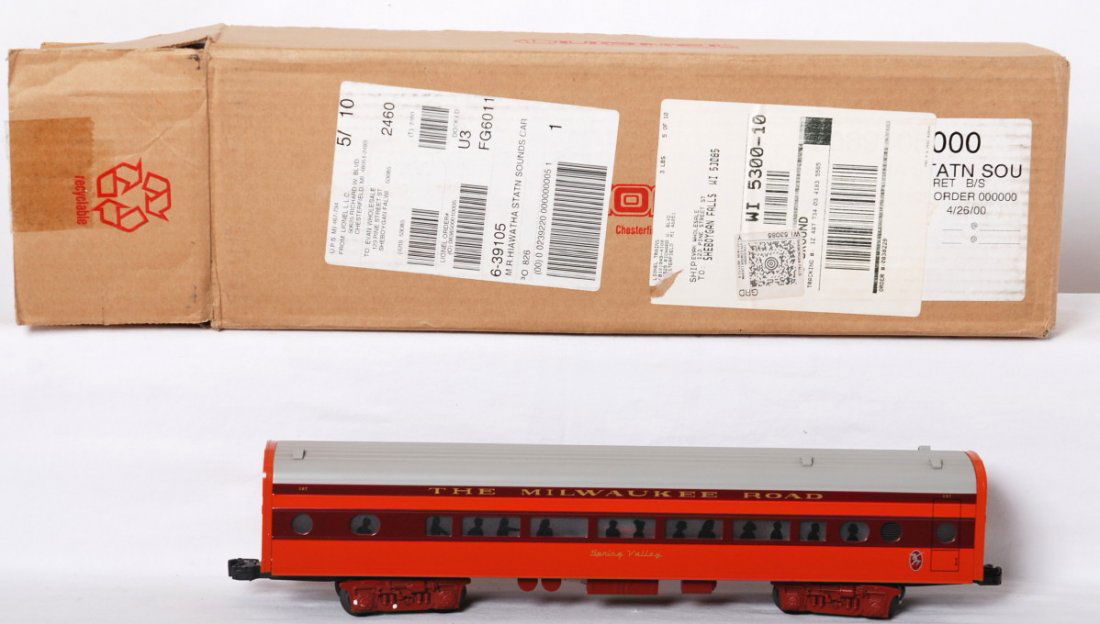 Lionel 39105 Hiawatha Station Sounds car: Lionel modern O gauge 39105 Milwaukee Road Hiawatha Station Sounds passenger car. Car features sound, TMCC control and more. Car is C8 with run time.