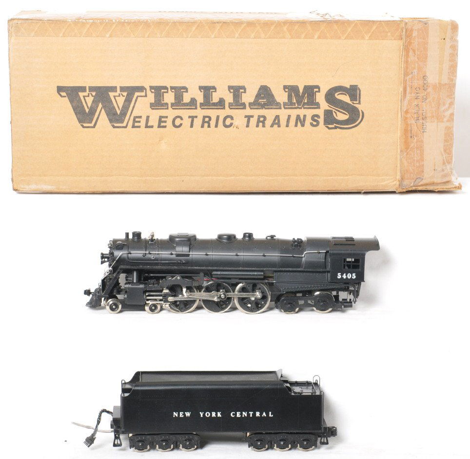 Williams brass New York Central black Hudson: Williams modern O gauge New York Central black Hudson steam locomotive in OB. Catalog number is 5405. Loco is C8 and appears to have had a few improvements made such as working marker lights (one spot