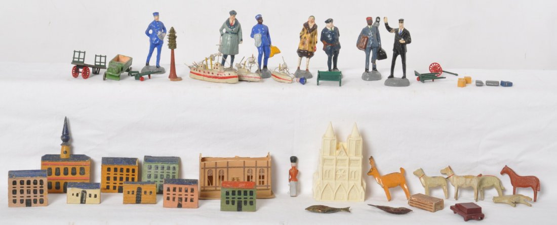 Composite railroad figures, wooden buildings, etc.: Postwar Japanese O gauge composite material railroad figures, in Lionel railroad figures style. Wooden animals and buildings. Plastic church. Composite material war ships in white paint with red strip