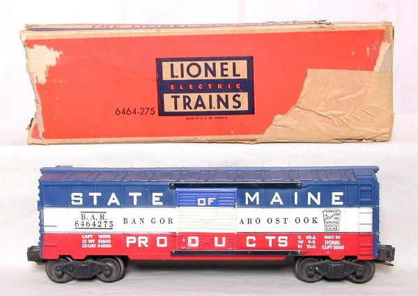 Lionel 6464-275 BAR boxcar, OB: Lionel 6464-275 BAR boxcar, type IIa body, 3 color door, C7. OB is shot.
