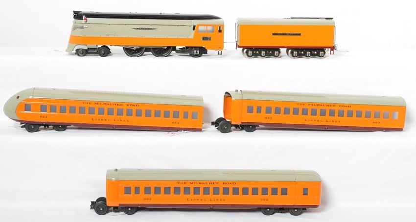 Lionel 51000 The Hiawatha passenger set: Lionel modern O Gauge No. 51000 The Hiawatha passenger set Loco is C8+ with very light run time. There are signs of the loco shell casting gassing which has created many tiny bubbles under the paint a