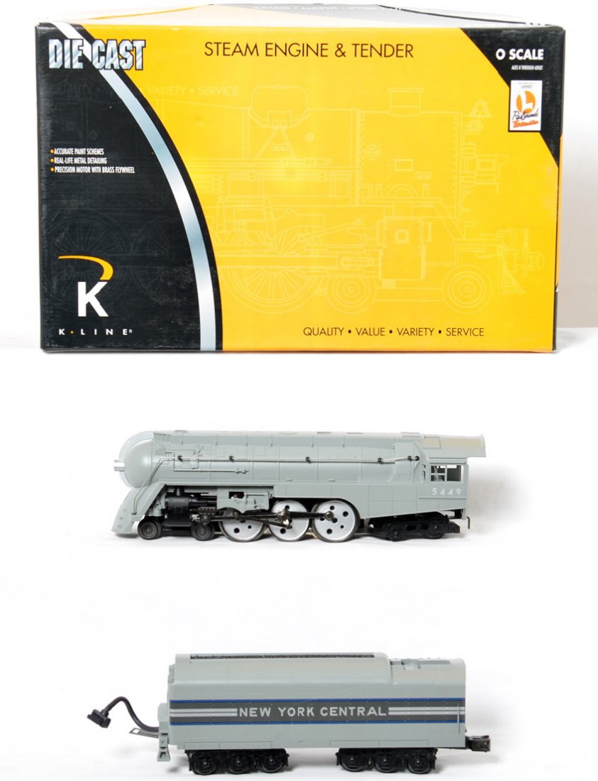 K Line New York Central Empire State loco with TMCC: K Line modern O gauge New York Central Empire State Express Dreyfuss Hudson steam locomotive in OB. Catalog number is believed to be 3270-0002. Loco features TMCC, Railsounds, Electrocoupler, smoke un