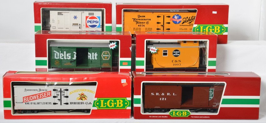 6 LGB freight cars 43260, 46650, 4074, 4070, etc: LGB modern G scale freight cars in OBs. Six cars include 43260 1994 German club car. 4131 Pepsi boxcar, 43650 C&S caboose, 4074 Schlitz reefer, 48670 Sandy River boxcar, and 4070 Budweiser reefer. OBs
