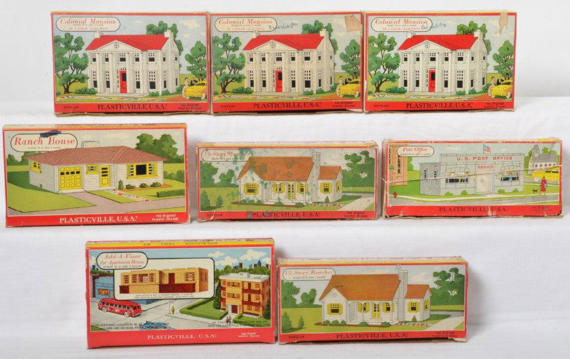 Eight Plasticville building kits in original boxes: Postwar Plasticville O and S gauge building kits in original boxes. Kits may or may not be complete, but appear to be. 1602 100 Post Office, two 1701 129 1-1/2 Story Rancher, 1503 89 Add-A-Floor for A
