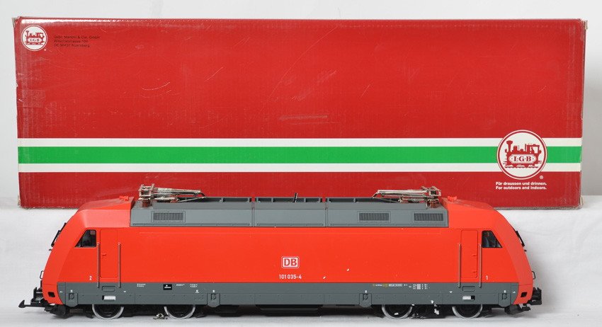 LGB 20313 DB electric locomotive: LGB modern G scale 20313 DB electric locomotive in OB. Loco is C8-9 with very light run time. OB has marking stickers, and light corner and edge wear.