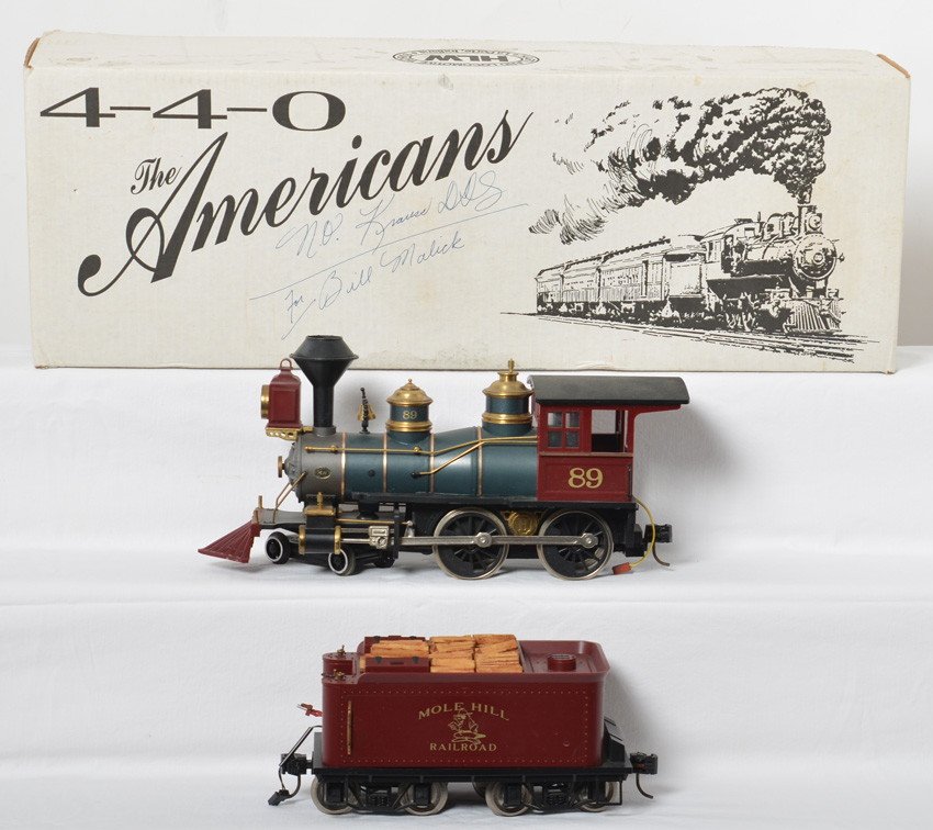 Hartland Locomotive Works Mole Hill 4-4-0 loco: Hartland Locomotive Works modern G scale Mole Hill Railroad 4-4-0 steam locomotive in OB. Loco is C7 area with some wear to the plating on the steam dome and handrails.