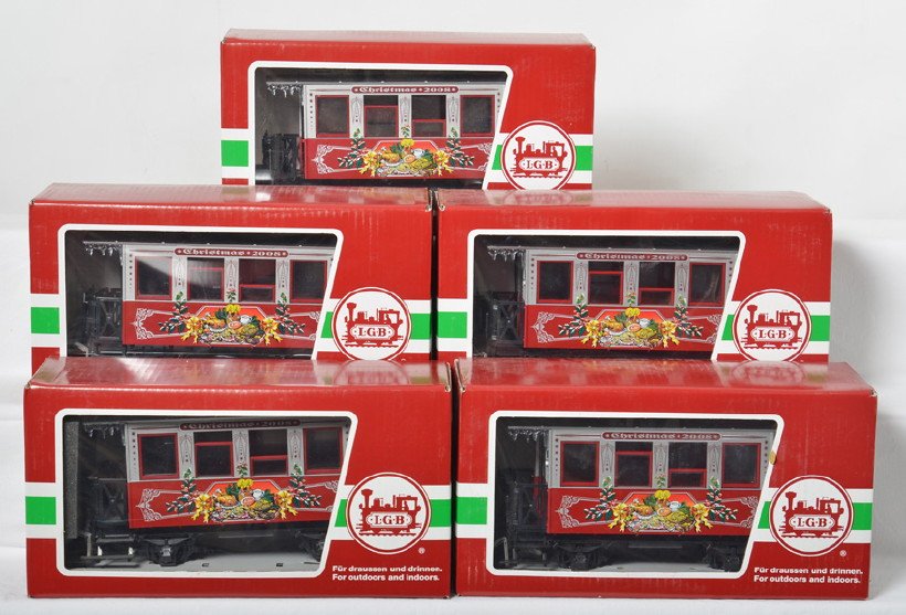 5 LGB 35079 Christmas coaches: LGB modern G scale Christmas coaches in OBs. Five cars include 35079 2008 coaches C9-10. OBs have marking stickers and light shelf wear.