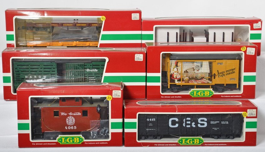 6 LGB freight cars 42260, 41170, 41730, 40680, 40650, 4: LGB modern G scale freight cars in OBs. Six cars include 42260 Augsburger wagon, 41170 sugar cane flats, 40680 Rio Grande stock car, 41730 C&S high side gondola, 40650 Rio Grande caboose, and 45600 Co