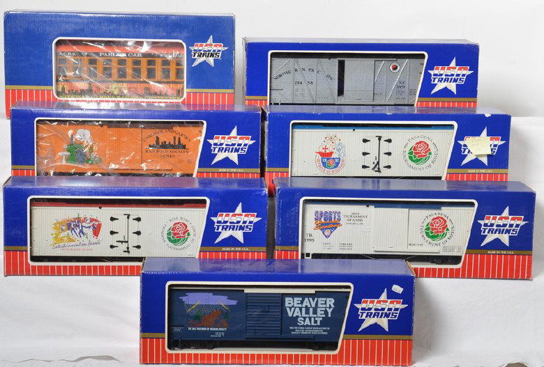 7 USA Trains freight cars 1991CCCL, Tournament of Roses: USA Trains modern G scale freight cars in OBs. Six cars include CAGRS-2 convention observation car, Beavervscl-01-N Beaver Valley Salt boxcar, R1991CCCL-01 Orange Boy boxcar, Norpac-0000 Northern Paci