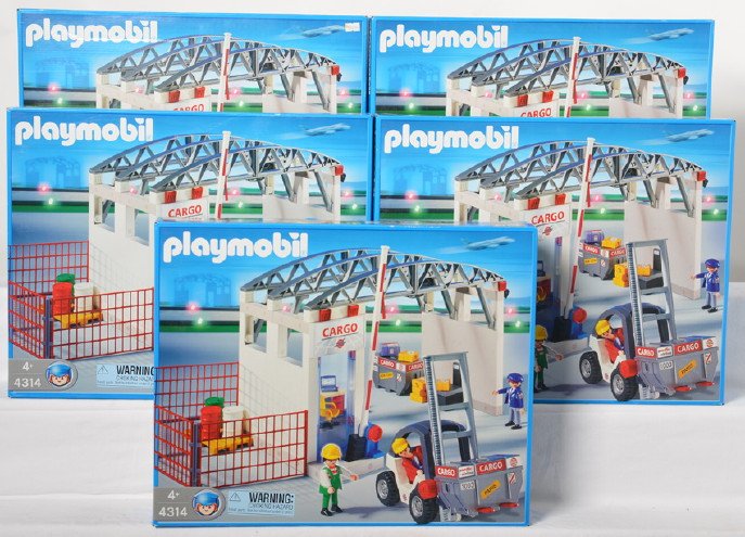 5 Playmobil 4314 Airport cargo sets: Playmobil new old store stock. Includes five 4314 Airport Cargo sets in OBs. All sealed brand new. Retail of $250.