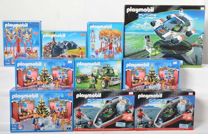 10 Playmobil kits 5150, 5155, 4206, 4888, 4891, etc: Playmobil new old store stock. Includes 5150, two 5155, 5103, 4206, two 4888, and three 4891. All sealed brand new. Retail of just under $270.