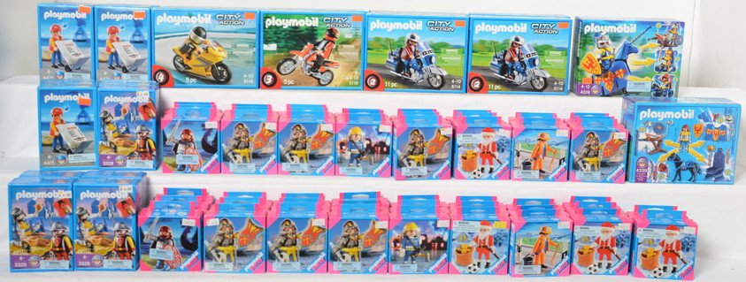 72 Playmobil figure sets 4339, 5114, 5115, 4646, etc: Playmobil new old store stock. Includes two 4339, three 5114, three 5115, 5116, 5117, seven 4775, five 3328, nineteen 4646, eight 4675, eight 4752, five 4682, ten 4679. All sealed brand new.