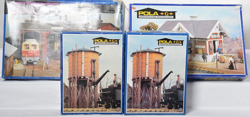 4 Pola kits 923, 1750, and 1806: LGB / Pola modern G scale kits. Four kits include 1750 shunting she d missing small parts, two 923 water tanks, and 1806 Idaho Springs station. Kits are C6+ to C9.