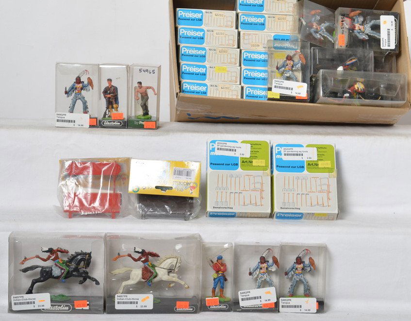 Preiser tool sets and 39 Elastolin figures: 24 Preiser tool sets and 39 Elastolin figures mostly Native American. Also included is five Elita metal benches. All new in packages.