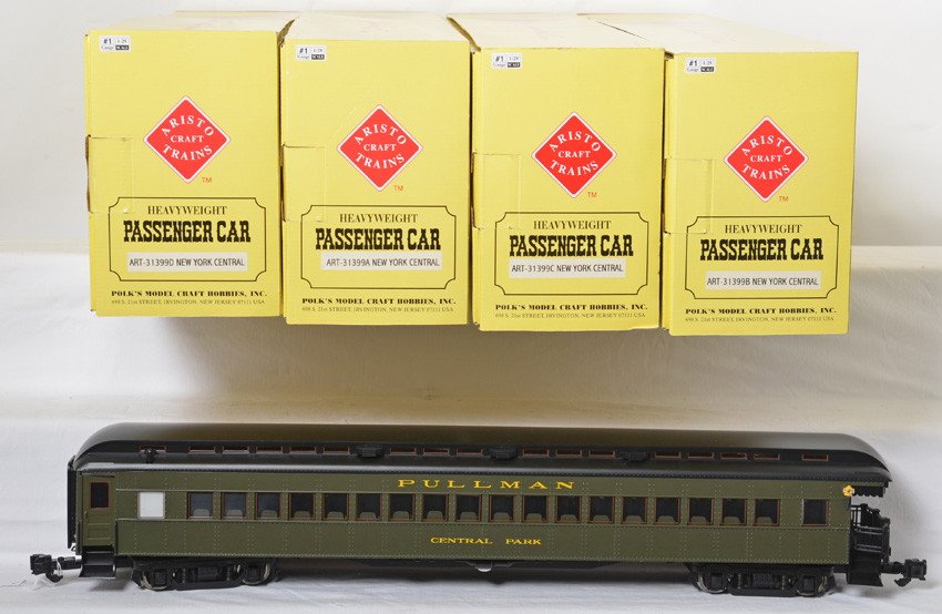 Aristo Craft New York Central 4 car heavyweight set: Aristo Craft modern G scale 31399 New York Central heavyweight passenger car set in OBs. Includes combo, coach, diner, and observation. Cars are C8-9 with no major signs of run time. Might have been d