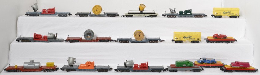 16 American Flyer cars 24222, 7210, 948, etc: American Flyer postwar S gauge freight cars. Includes 715 with knuckles, 915, 24222, 24222, 715, 915, 636, 936, 936, 7210, 7210, 7210, 7210, 7210, 42597, and 948. Cars are C6-7, sold as is shown in th