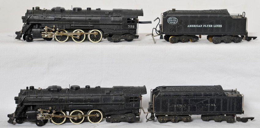 2 American Flyer New York Central 322 steam locomotives: American Flyer postwar S gauge 322 New York Central 4-6-4 steam locomotives. One broken tender step noted. Lettering has some wear, and one loco has draw bar pin replaced with incorrect screw. C6-7.